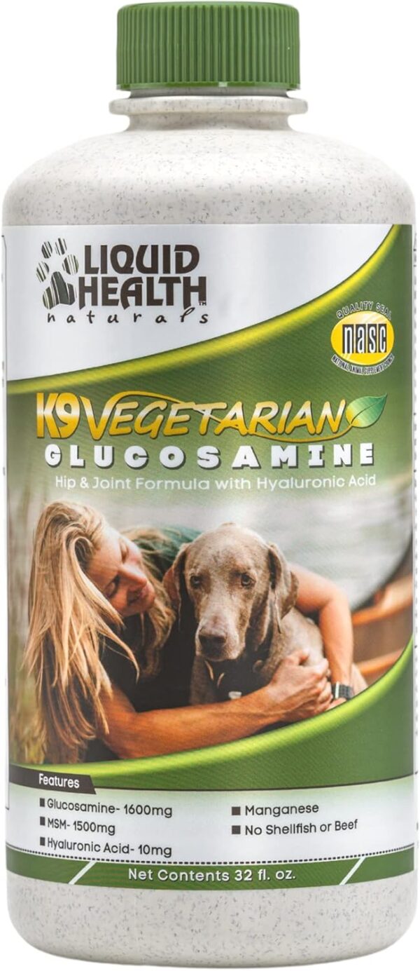 LIQUIDHEALTH 32 Oz K9 Vegetarian Liquid Glucosamine for All Dogs Canines - Chondroitin, MSM, Omega 3, Anti Oxidants Hyaluronic Acid – Joint Health, Dog Vitamins Hip Joint Juice, Joint Oil