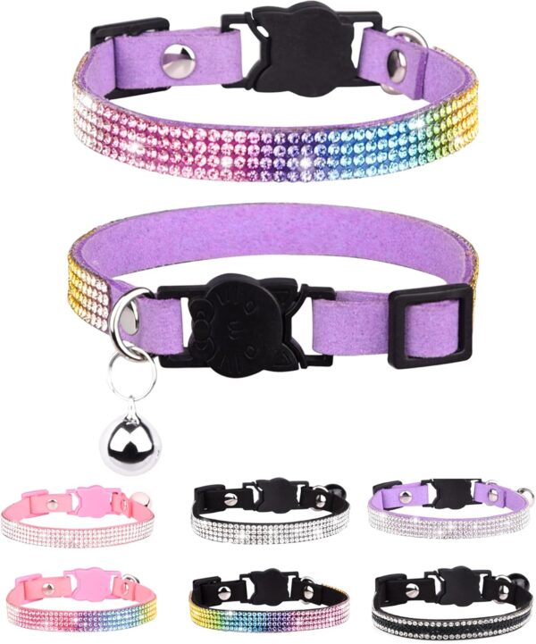 Cat Collars for Girl Cats with Rhinestone Soft Velvet,Breakaway Cat Collars with Bell,Adjustable Safe Kitten Collar (Multicolour Purple)