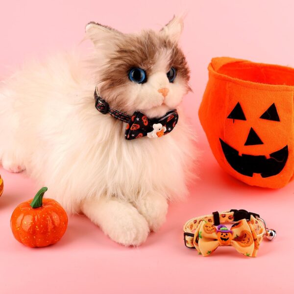 2pcs Halloween Cat Collar, Adjustable Cat Collar with Bow Printed Pumpkin Ghost Pattern Cat Collar Breakaway with Silver Bell Cute Collar for Kitten Puppy - Image 6