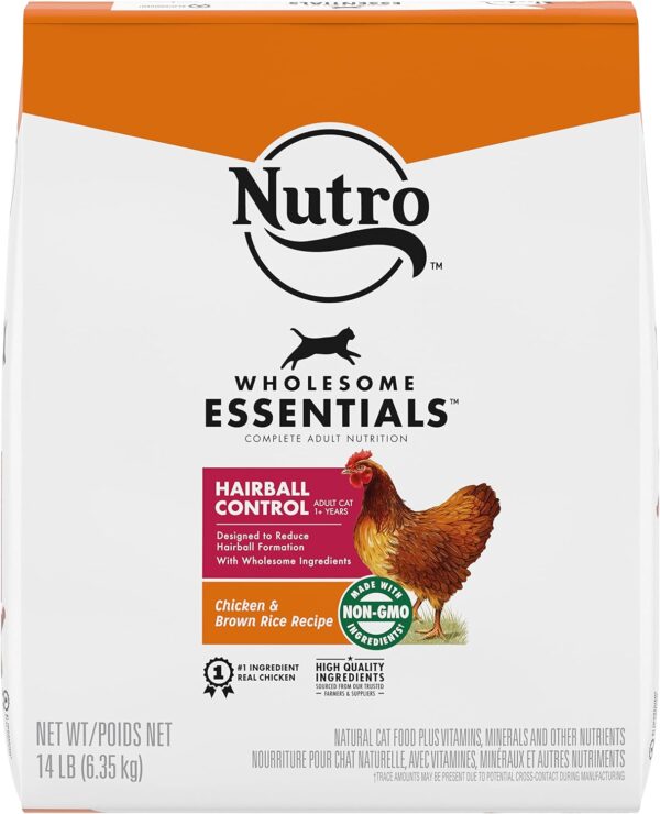 NUTRO WHOLESOME ESSENTIALS Adult Hairball Control Natural Dry Cat Food Farm-Raised Chicken & Brown Rice Recipe, 14 lb. Bag