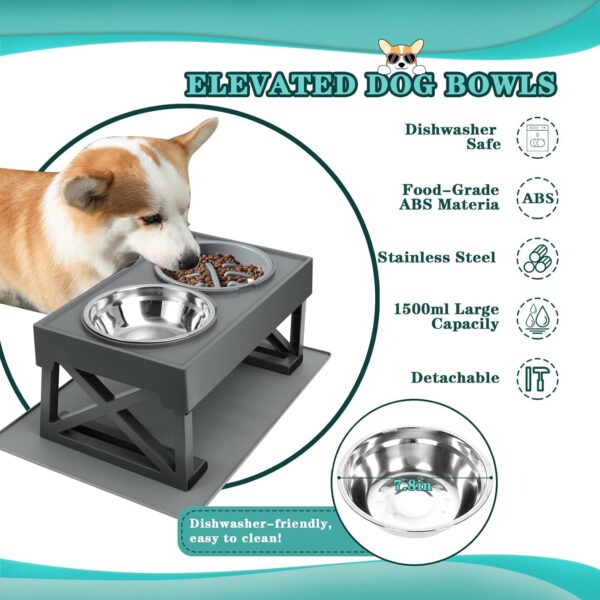 Elevated Dog Bowls with Mat for Middle Large Breeds, 3 Adjustable Heights Raised Pet Bowl Stand Feeder with Slow Feeder Bowl 2 Stainless Steel Food & Water Bowls for Small Medium Large - Image 5