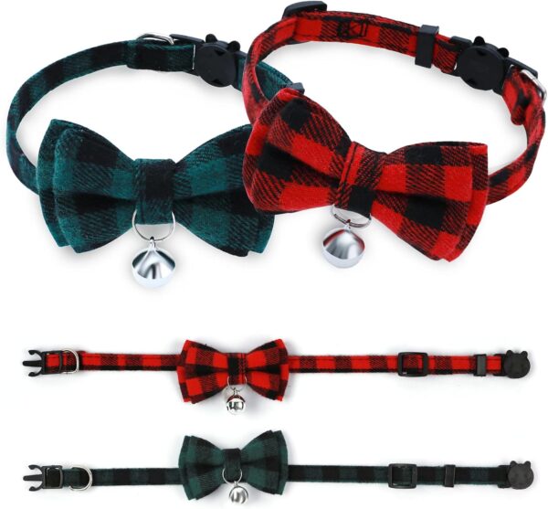 Breakaway Cat Collar with Cute Bow Tie and Bell, BuntyJoy Cat Collars for Girl Cats and Boy Cats, Safety Kitten Collars, Stylish Plaid Patterns, Red & Green, Pack of 2 - Image 5