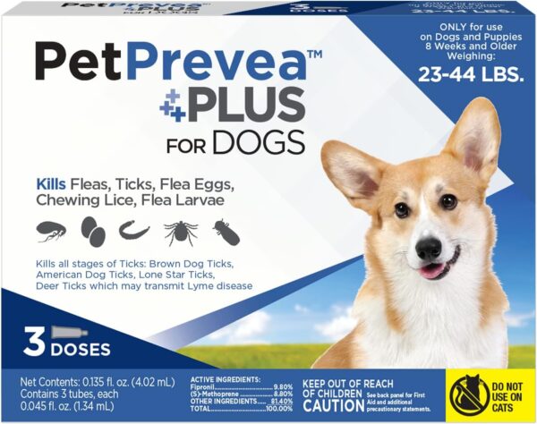 Plus for Dogs | Kills Fleas, Ticks, Flea Eggs, Chewing Lice, Flea Larvae | Convenient & Easy to Apply | Fast-Acting & Long-Lasting | for Dogs 23 to 44 lbs - 3 Doses