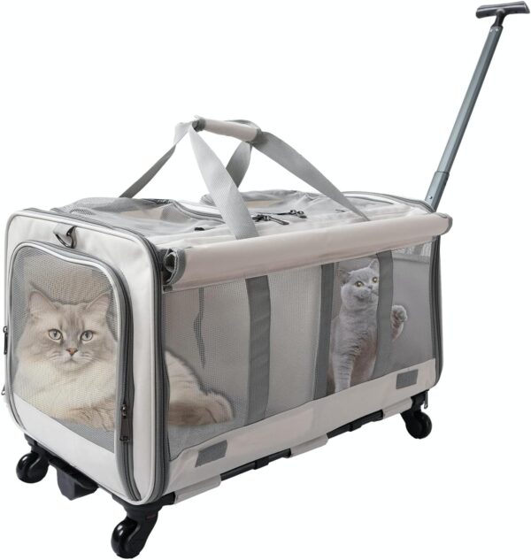 Double Compartment Pet Rolling Cat Carrier with Wheels - Large Capacity Soft-Sided Carriers for Cats and Puppies - Detachable Travel Carrier with Breathable Mesh Windows (Off-White)