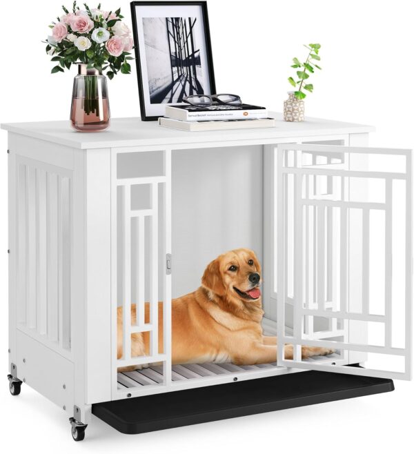 YITAHOME Dog Crate Furniture, 31.9" Heavy Duty Dog Cage, Wooden Side End Table with Wheels, Chew-Resistant Metal Dog Kennel with Removable Tray, Dog House Indoor for Small Medium Dogs, White