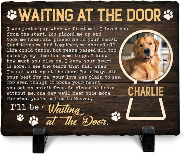 Dog Memorial Gifts for Loss of Dogs - Waiting at The Door Cemetery Personalized White Stone - Garden Decor for Beloved Pets Passing Away - Bereavement Gift to Friends who Lost a Dog, Cat, Pet