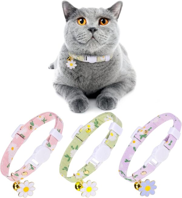 3 Pack Breakaway Cat Collars with Bell- Daisy Pendant Spring Cat Collar for Girl Boy Cats with Safety Buckle- Cute Kitten Collar Adjustable 8"-12" for Kitty Puppy Small Pets