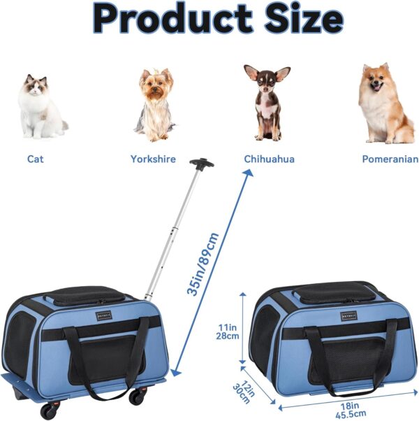 Petsfit Pet Carrier with Wheels, Rolling Dog Carrier for Small Dogs or 2 Small Cats, Airline Approved Dog Carrier with Telescopic Handle Perfect for Travelling Under 20lb,Blue - Image 2