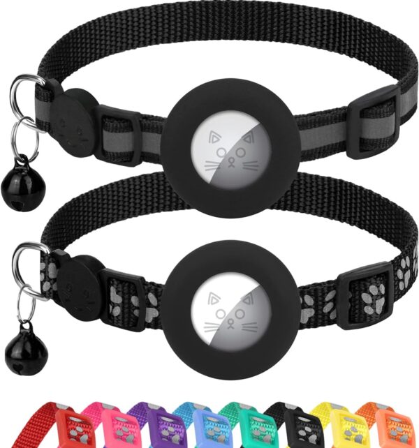 2 Pack Airtag Cat Collars, Reflective Cat Collar with Silicone Airtag Holder and Bell, Breakaway Cat Collars with Round Safety Buckle for Boy and Girl Cats, Adjustable for 7.5-12.5", Black