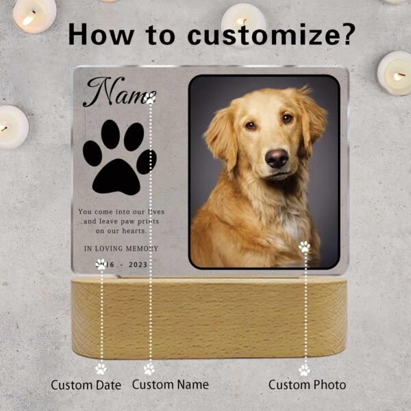 Personalized Pet Night Light Customized Dog Memorial Gift Picture Frame Acrylic Plaque Led Lamp Cat Sympathy Gift for Loss of Dog Cat Pet(Dog Paw) - Image 2