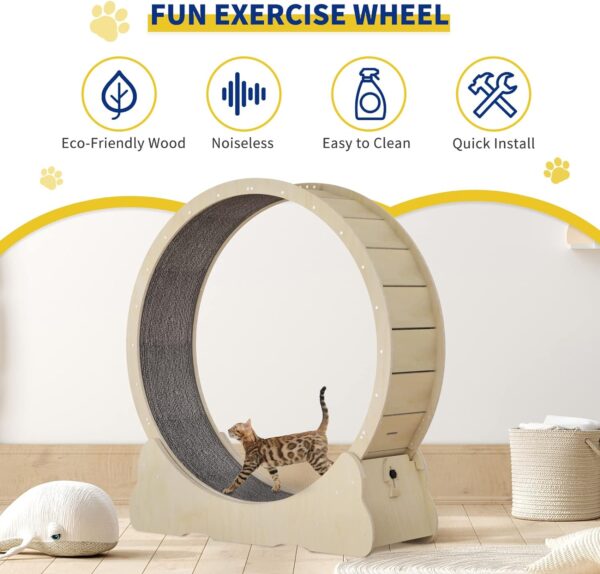 Cat Wheel, 35.4'' Cat Exercise Wheel for Indoor Cats with 2 Anti-Scratch Pads, Solid Wood Cat Wheel Exerciser for Walking, Running, Training, Cat Treadmill Fit for Indoor Cats (Wood) - Image 2