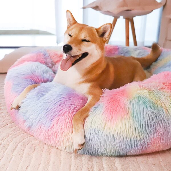 Patas Lague Calming Dog Bed for Small Dogs, Fluffy Soft Cozy Cat Bed, Faux Fur Anti-Anxiety Plush Donut Cuddler, Washable Pet Bed for All Seasons (20 in, Mixed Rainbow) - Image 3