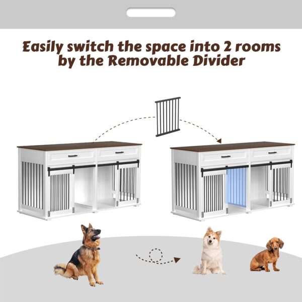 VEIKOU Dog Crate Furniture with 2 Storage Drawers, 2-in-1 Double Dog Kennel Furniture for Large Medium Small Dogs, Wooden Dog House Indoor with Removable Divider, Wide Tabletop for TV Stand, White - Image 5