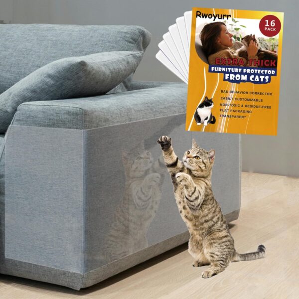 Anti Cat Scratch Furniture Protectors, 16 Pack Single Side Thick Couch Sofa Protector from Cats Claws, Self-Adhesive Cat Tape Clear Cat Scratch Scratching Deterrent Guard Shield for Furniture