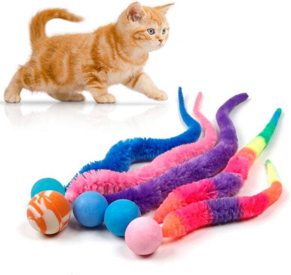 SHENGSEN Mixed Bouncy Ball with Tail Cat Toys-5 Packs,Rainbow Magic Worm with Ball Toy for Cats,Colorful Fuzzy Worm Bouncy Balls Cat Toy