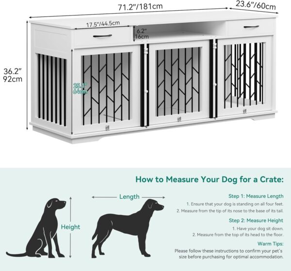 YITAHOME Dog Crate Furniture with 3 Rooms, 70.9" Dog Kennel Indoor with 2 Drawers, Heavy Duty Wooden Dog Crate for 3 Small Medium Dogs, White - Image 4