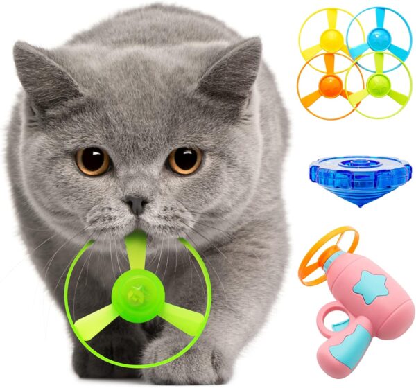 Cat Fetch Toy, Interactive Cat Flying Disc Toy with 1 Light Up Spinning Tops, 1 LED Flying Propellers and 4 Flying Propellers, Cat Track Toy for Cat Training Hunting Chasing (Pink)