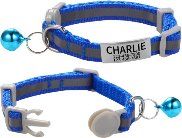 Custom Breakaway Cat Collars with Bell - Engraved Stainless Steel No Noise Slide-On Identification Tags On Collar - Up to 3 Lines of Personalized Text (Reflection) - Image 2