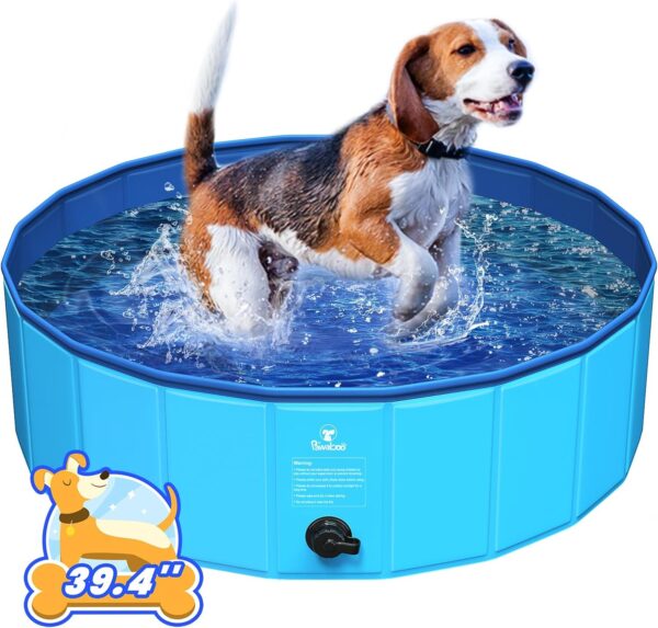 Pawaboo Foldable Dog Pool, Collapsible Pet Bath Pool Bathing Tub, Hard Plastic Doggie Wading Pool for Indoor and Outdoor, Portable Dog Swimming Pool for Small Medium Large Dogs and Cats (39"x12"