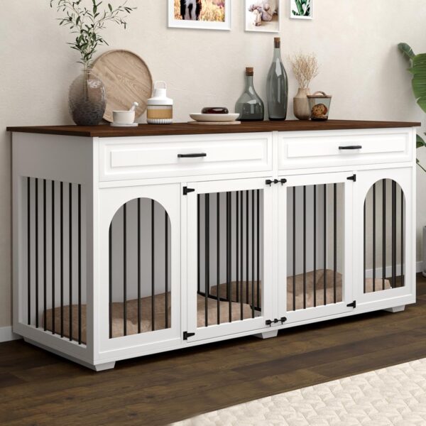 Double Dog Crate Furniture,74.8 Inch Dog Crate Kennel Furniture for 2 Large Breed Dogs,Heavy Duty Wooden Dog Crate with Divider&2 Drawers,White - Image 3