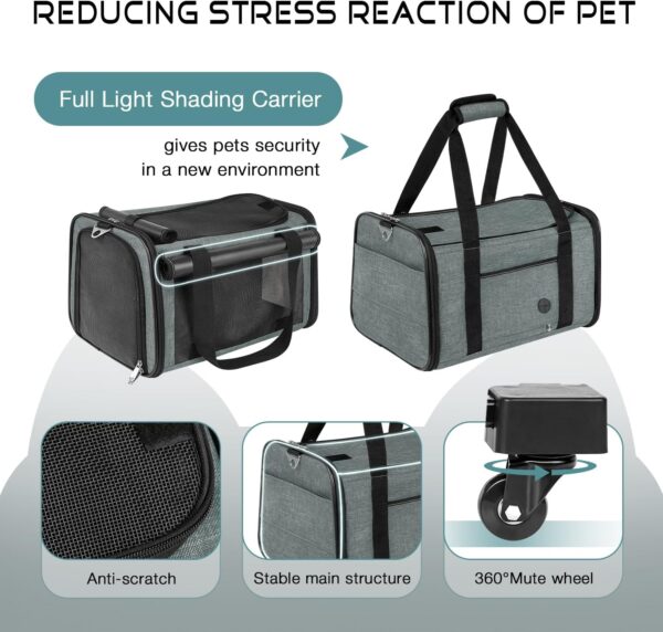 WOYYHO Lightproof Large Cat Carrier with Smooth Wheels Airline Approved Dog Carrier for Small Dog Rolling Pet Carrier with Two Large Pocket for Vet Visits Outdoor Travel (Grey Green) - Image 7