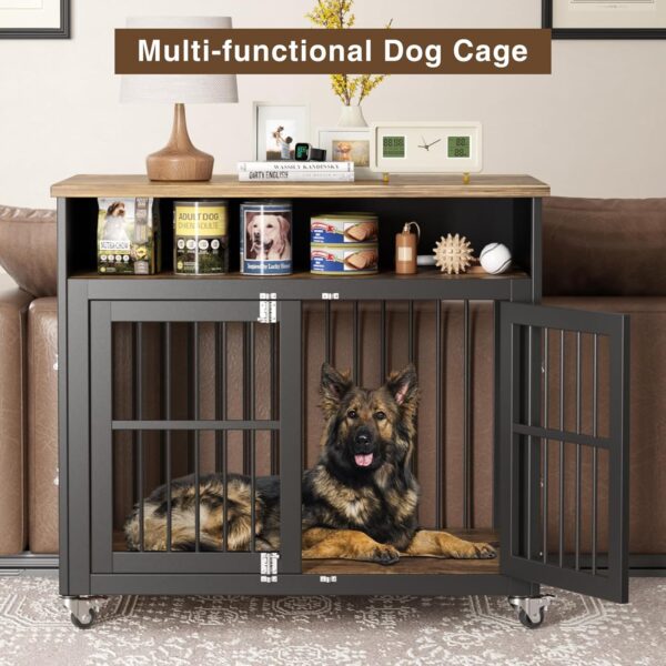 Dog Crate Furniture,39" Dog Kennel Indoor with Wheels, Heavy Duty Wooden Dog Crate for Medium/Large Dogs,Dog Cage with Storage Dog House Side End Table, Brown - Image 2