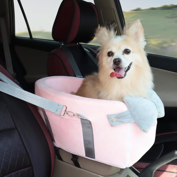 Center Console Dog Car Seat for Small Dogs Under 12lbs, Portable Middle Console Dog Booster Seat, Detachable Armrest Puppy Seat with Storage Pockets, Butterfly Pillow and Safety Leash(Pink)