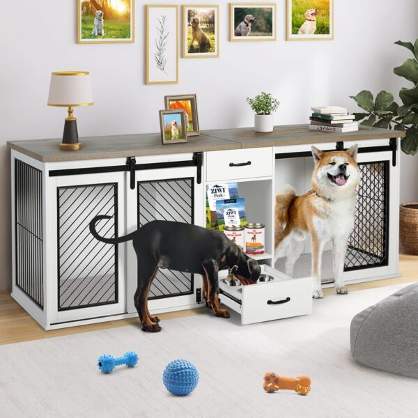 Extra Large Dog Crate Furniture, 85" Sliding Door Double Kennel for 2 Large Dogs Divided, Heavy Duty Wooden Dog Crate Kennel Furniture with 4 Dog Bowls and Drawer Indoor, White - Image 7