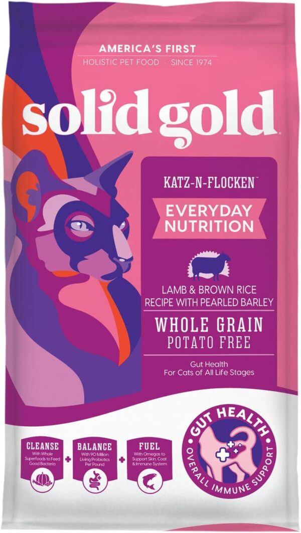 Solid Gold Indoor Cat Food - Real Lamb, Brown Rice & Pearled Barley for Cats of All Life Stages - Katz-N-Flocken Whole Grain Dry Cat Food for Healthy Digestion & Immune Support