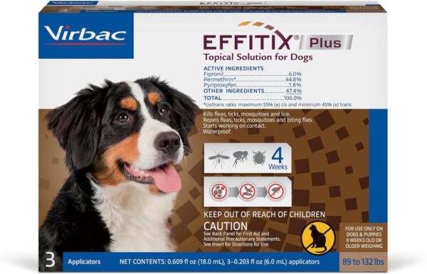 Effitix Plus Topical Solution for Dogs - for Dog Flea and Tick for X-Large Dogs (89-132lbs), 3 Doses, Waterproof Topical Prevention (by Virbac)