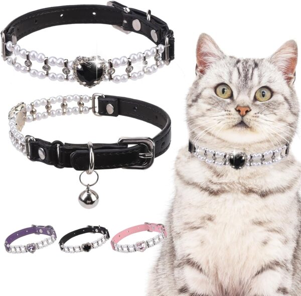 EXPAWLORER Cat Collar with Bells - Rhinestones Adjustable Soft Leather Cat Accessories Collar with Pearl and Bling Heart, Black Cute Cat Collar with Safety Belt for Girl Boy Indoor Kitten Cats