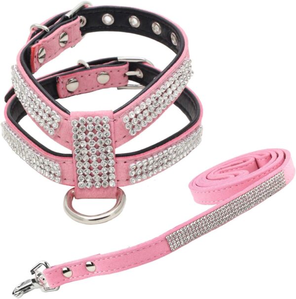 Fashion Puppy Harness with Diamantes and Lead Cute Girl Bling Dog Harness with Bling Leash for Small Dogs - Pink - S