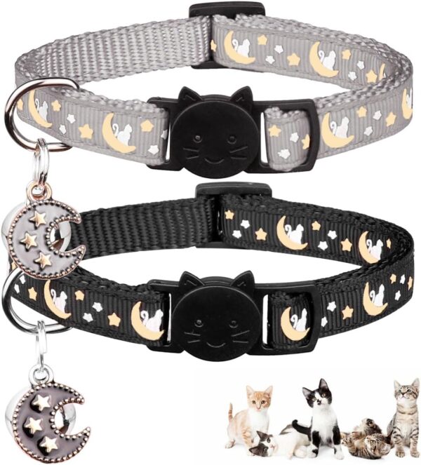 2Pcs Breakaway Cats Collars Cat Collars for Boy & Girl Cats Adjustable Kitten Collars with Bell,Black+Gray