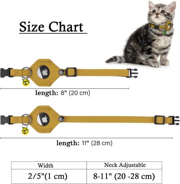 Breakaway Leather Airtag Cat Collar with Bell - Soft Pet Collar with Apple Air Tag Holder - Adjustable GPS Collars for Girl Boy Cats Kitten Puppy - Lightweight and Cute (Yellow) - Image 5