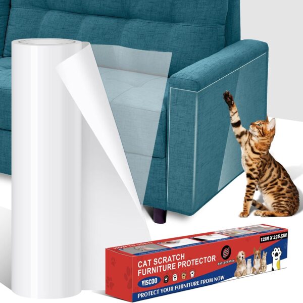 Thicken Anti Cat Scratch Furniture Protector, 236.5"x12" Single-Sided Sticky Couch Protector for Cats, Transparent Cat Scratch Resistant tape, Couch Scratch Protector from Cats, with 50 Pins