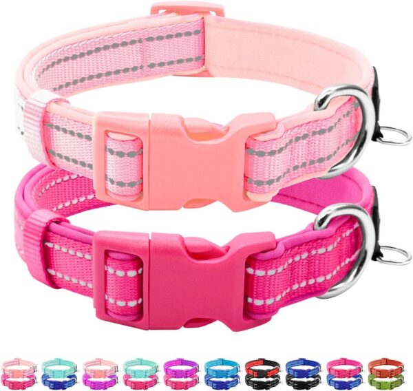 azuza 2 Pack Neoprene Padded Dog Collar for Medium Dogs, Reflective Dog Collar with ID Tag Ring, Adjustable Safe and Comfy Dog Collars,Hot Pink/Pink,M