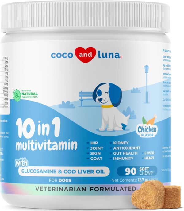 10 in 1 Multivitamin for Dogs - 90 Soft Chews - Hip and Joint Support with Glucosamine and Chondroitin - Cod Liver Oil & Vitamins with Coq10 for Skin & Heart Health, Gut & Immune Support