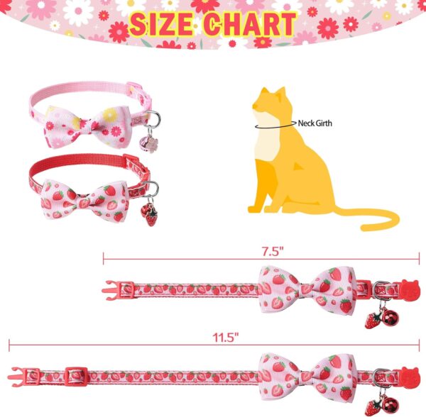 SCENEREAL Breakaway Cat Collar with Bell, 2 Pack Safety Adjustable Cat Collars with Pendant, Pink Personalised Puppy Kitten Collar with Bow for Spring Summer Valentines, Strawberry Flowers - Image 6