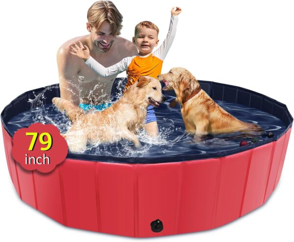 Foldable Dog Pool, 79" x 14" Large Kiddie Pool with Hard Plastic, Non-Slip Dog Bath Tub for Outdoor Backyard, Collapsible Dog Swimming Pool for Kids Dogs Pets (Red)