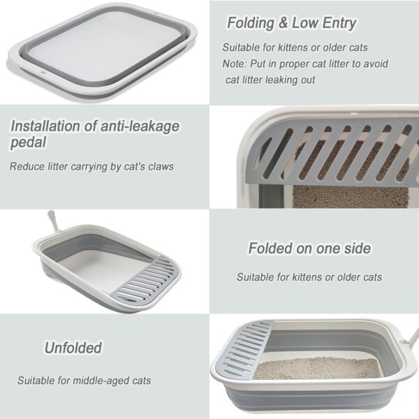 Collapsible Kitten Litter Box,Open Cat Potty Pan with Scoop Foldable Shallow Cat Toilet Anti-Splashing Waterproof Low Entrance Travel Litter Box with Falling Sand Pedal for Kitty to Senior Cats(Grey) - Image 5