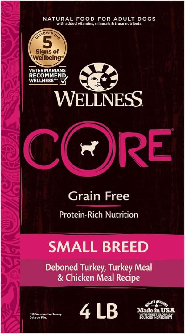 Wellness Natural Pet Food CORE Grain-Free High-Protein Small Breed Dry Dog Food, Natural Ingredients, Made in USA with Real Meat (Adult, Turkey, 4-Pound Bag)