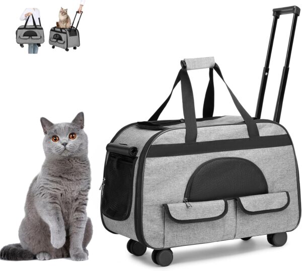 Large Rolling Cat Carrier with on Wheels, Small Dog Pet Car Travel Carrier Collapsible Bag with Rollers Wheels, Carrier for Cats Up to 35 LBS/Dog Puppy Under 16 LBS (Large Size, Not for Airplane) (L1)