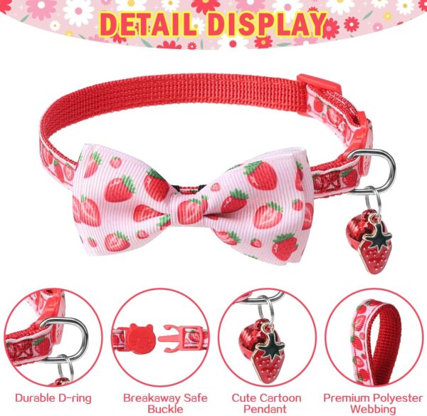 SCENEREAL Breakaway Cat Collar with Bell, 2 Pack Safety Adjustable Cat Collars with Pendant, Pink Personalised Puppy Kitten Collar with Bow for Spring Summer Valentines, Strawberry Flowers - Image 4