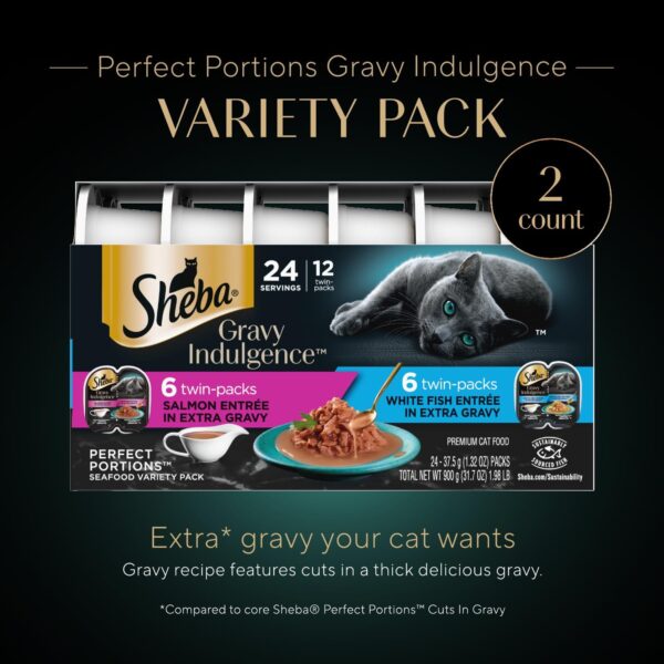 Sheba Gravy Indulgence Adult Wet Cat Food (24 Count, 48 Servings), Salmon Entrée in Extra Gravy and White Fish Entrée in Extra Gravy Variety Pack, Easy Peel Twin-Pack Trays - Image 4