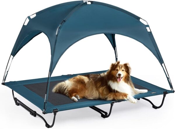 42 Inch Elevated Cooling Large Dog Bed with Removable Canopy, Raised Dog Beds for Large Dogs with Washable Breathable Mesh, Dog Cot for Big Dogs, Indoor/Outdoor Dog Bed with Canopy