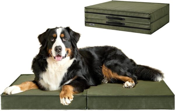 EHEYCIGA Foldable Waterproof Dog Beds for Extra Large Dogs - Outdoor Orthopedic Dog Bed with Washable Removable Cover, XL Pet Bed Mattress with Handle, Olive Green, 44 x 32 x 3.5 inches