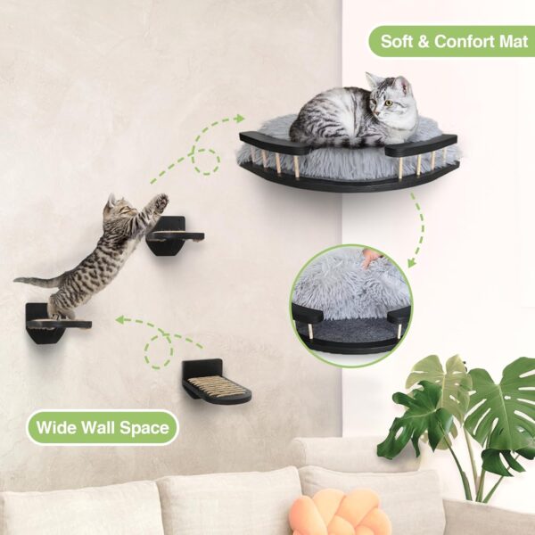 Cat Wall Furniture Set with Plush Cushion, Cat Hammock Cat Wall Shelves with 3 Cat Wall Steps, Cat Shelves and Perches for Wall Climbing Shelves for Indoor, Black Indoor Cat Shelves Wall Mount - Image 4