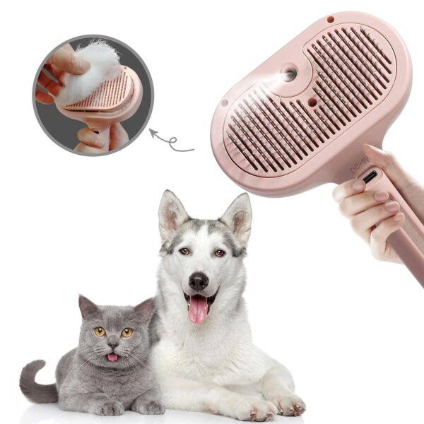 Steamy Cat Brush, Cat Steam Brush for Shedding, Spray Groom Cat Brush with Release Button, Self Cleaning Deshedding Combs for Short Long Matted Hair Pet Dog Removing Tangled and Loosse Hair (Pink)