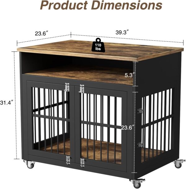 Dog Crate Furniture,39" Dog Kennel Indoor with Wheels, Heavy Duty Wooden Dog Crate for Medium/Large Dogs,Dog Cage with Storage Dog House Side End Table, Brown - Image 5