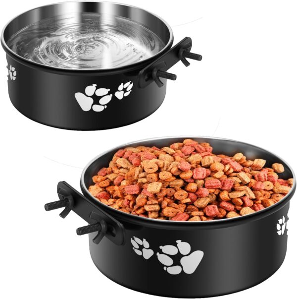 Kennel Water Bowl Hanging, ShineMe 2 Pack Stainless Steel Food and Water Bowl for Dog Cage, Crate, Kennel Bowls Mountable for Medium and Small Dogs, Cats, Pets (6.2x2.6” & 5.5x2.4”)